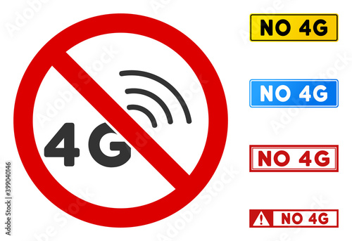 No 4G Signal sign with texts in rectangular frames. Illustration style is a flat iconic symbol inside red crossed circle on a white background. Simple No 4G Signal vector sign, designed for rules,