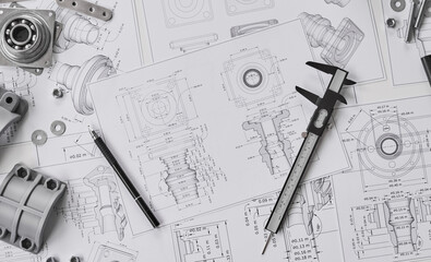 Engineer technician designing drawings mechanical parts engineering Engine.manufacturing factory Industry Industrial work project blueprints measuring bearings caliper tools