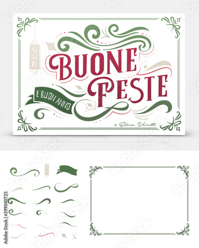 Christmas and happy new year greeting card. Vector Illustrations postcard with lettering calligraphy decorative ornament elements