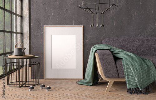 Foto Loft style interior with empty poster frame, sofa and side table, frame mockup w