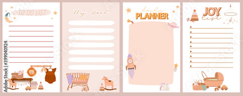 Set of weekly and daily planner, joy list, to do list with cute boho baby doodle in Scandinavian style. Editable vector illustration.
