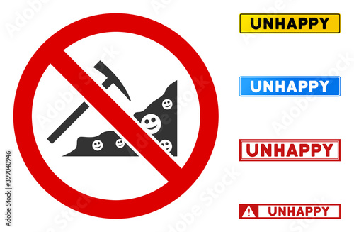 No Smile Mining sign with phrases in rectangular frames. Illustration style is a flat iconic symbol inside red crossed circle on a white background. Simple No Smile Mining vector sign,