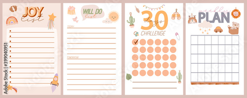 Set of weekly and daily planner, joy list, to do list with cute boho baby doodle in Scandinavian style. Editable vector illustration.