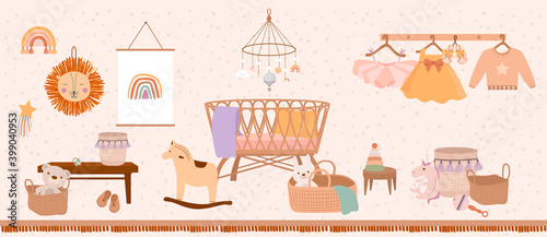 Cute kids bedroom interior in bohemian cartoon style. Dressing room, playroom, bedroom with cradle. Editable vector illustration.