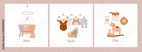 Set of cute boho baby cards in Scandinavian style. Cartoon doodle kids clipart for baby shower invitation card, poster. Editable vector illustration.