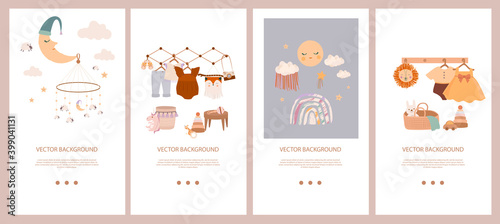 Set of cute boho baby stories template in Scandinavian style. Cartoon doodle kids vertical background. Editable vector illustration.