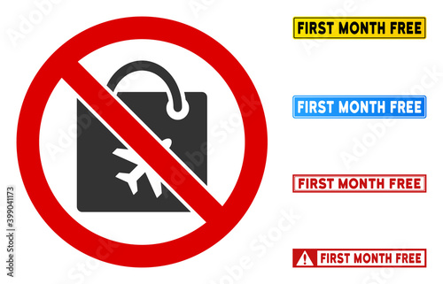 No Duty-Free Shopping sign and titles in rectangle frames. Illustration style is a flat iconic symbol inside red crossed circle on a white background. Simple No Duty-Free Shopping vector sign,