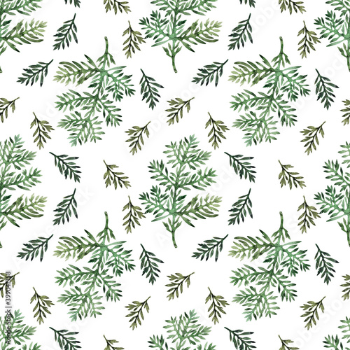 Watercolor seamless pattern with stylized twigs, flowers and leaves of the Wormwood plant