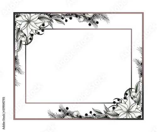 Christmas vintage card template, winter floral frame with poinsettia flowers and fir tree branches for Christmas cards, greetings or invitations, black floral art
