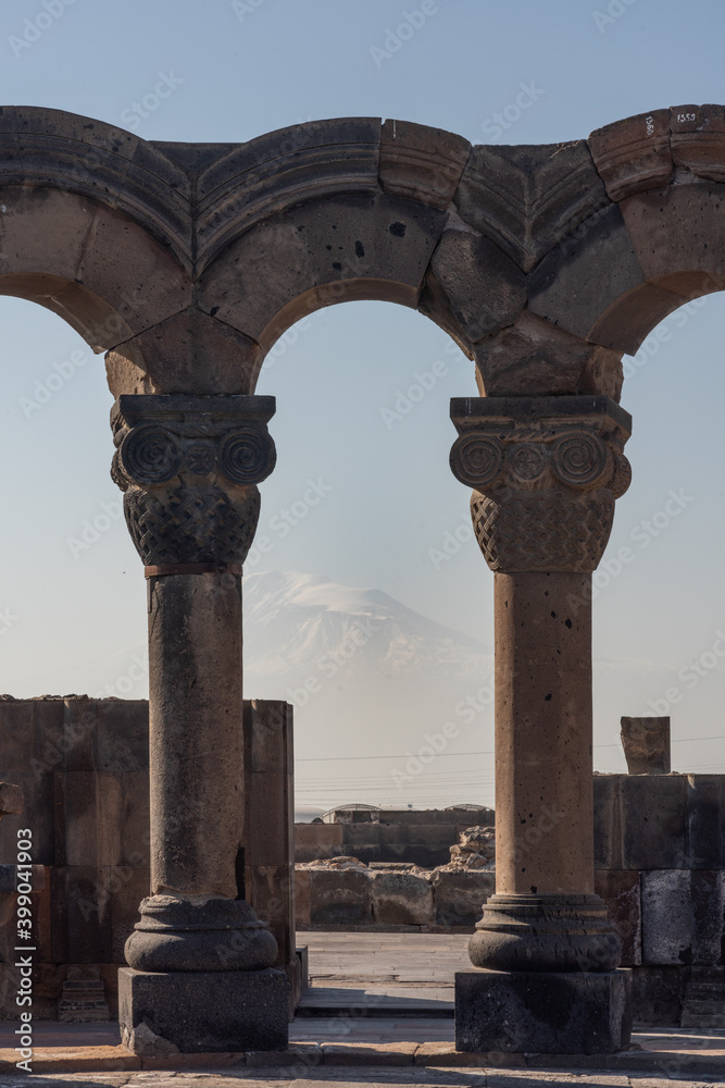 Ruins of Zvartnots Cathedral and Mount Ararat in Etchmiadzin, Armenia 