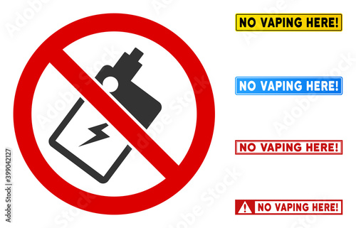 No Electronic Vaping sign with captions in rectangular frames. Illustration style is a flat iconic symbol inside red crossed circle on a white background. Simple No Electronic Vaping vector sign,