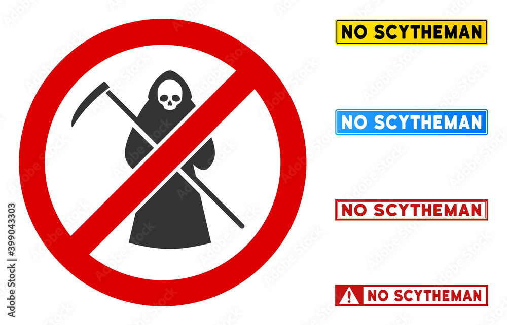 No Scytheman sign with phrases in rectangle frames. Illustration style is a flat iconic symbol inside red crossed circle on a white background. Simple No Scytheman vector sign, designed for rules, No Scytheman sign with phrases in rectangle frames. Illustration style is a flat iconic symbol inside red crossed circle on a white background. Simple No Scytheman vector sign, designed for rules,