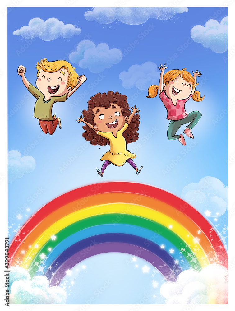 Naklejka premium Children jumping with rainbow