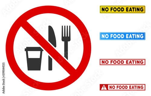 No Food sign with words in rectangle frames. Illustration style is a flat iconic symbol inside red crossed circle on a white background. Simple No Food vector sign, designed for rules, restrictions,