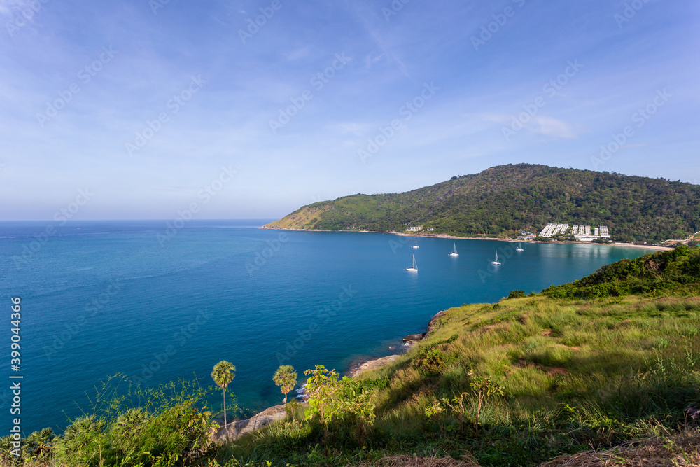 Beautiful views point that offers a panoramic view of the sandy beaches of Phuket Island on sunny days, Phuket, Thailand