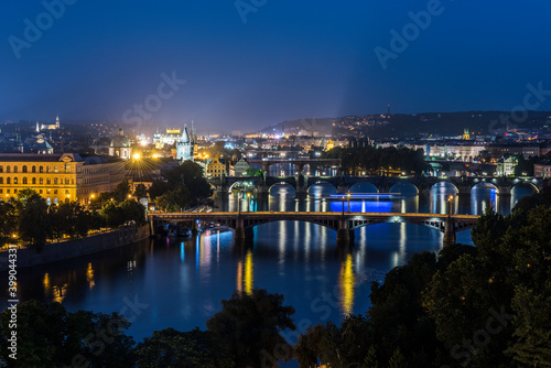 Prague cityscape at sunset in Czech Republic.