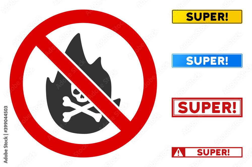 No Mortal Fire sign with badges in rectangular frames. Illustration style is a flat iconic symbol inside red crossed circle on a white background. Simple No Mortal Fire vector sign, No Mortal Fire sign with badges in rectangular frames. Illustration style is a flat iconic symbol inside red crossed circle on a white background. Simple No Mortal Fire vector sign,