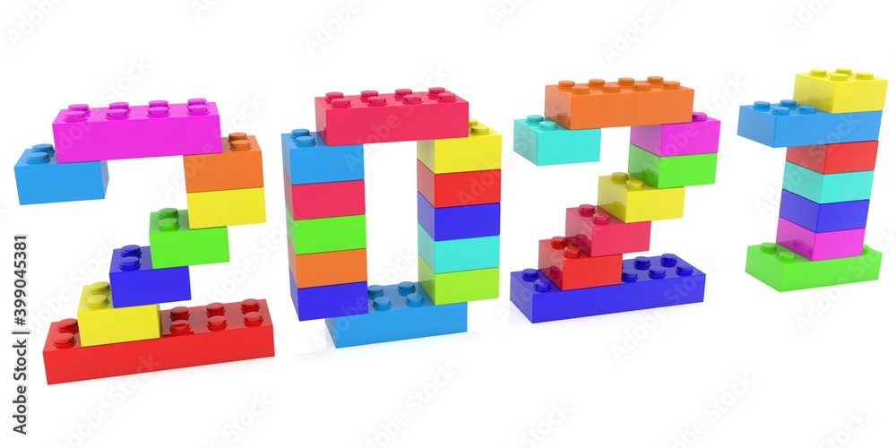 Colored toy bricks stacked in the 2021 concept