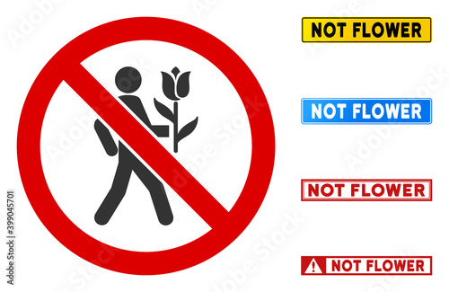 No Lover Flower sign with words in rectangular frames. Illustration style is a flat iconic symbol inside red crossed circle on a white background. Simple No Lover Flower vector sign,