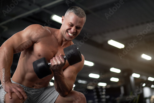 Muscular athletic bodybuilder fitness model sitting bench training biceps lift dumbbells in indoor gym © Andrii