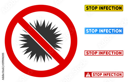 No Infection Spore sign with titles in rectangular frames. Illustration style is a flat iconic symbol inside red crossed circle on a white background. Simple No Infection Spore vector sign,