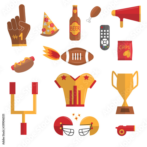 Super bowl vector set. Sport games celebration, american football, soccer concept. Fastfood for super bowl party. Helmet, whistle, fan glove, cup, pizza slice, chips, beer bottle, megaphone, foam