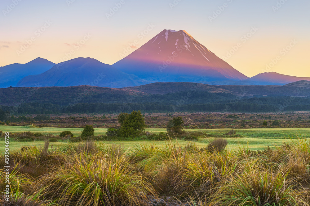 panorama of cone volcano Mount Ngauruhoe at sunrise in New Zealand