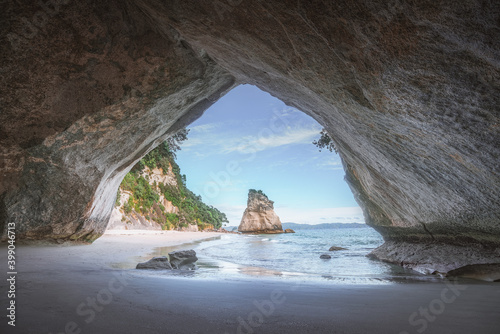 view from the cave at cathedral cove,coromandel,new zealand