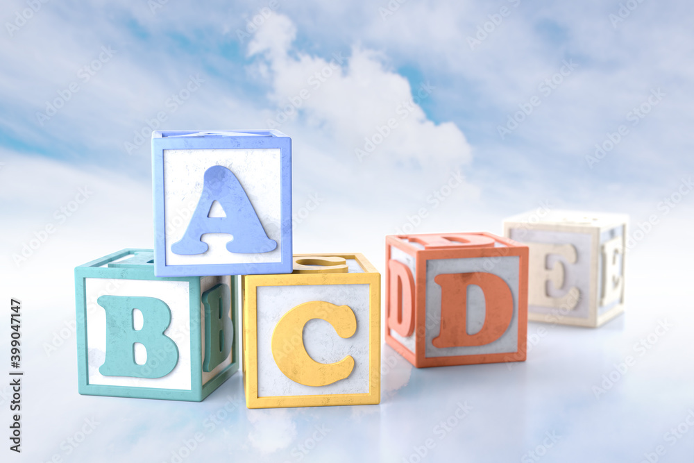 ABCDE Blocks on Cloud Background. 3D Rendering