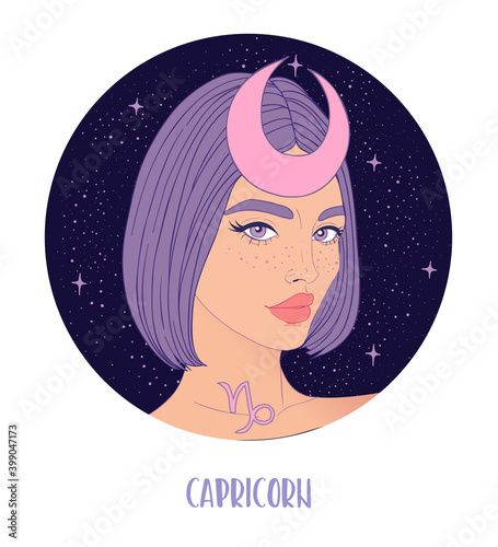 Illustration of Capricorn astrological sign as a beautiful girl. Zodiac vector illustration isolated on white. Future telling, horoscope, alchemy, spirituality, occultism, fashion woman.
