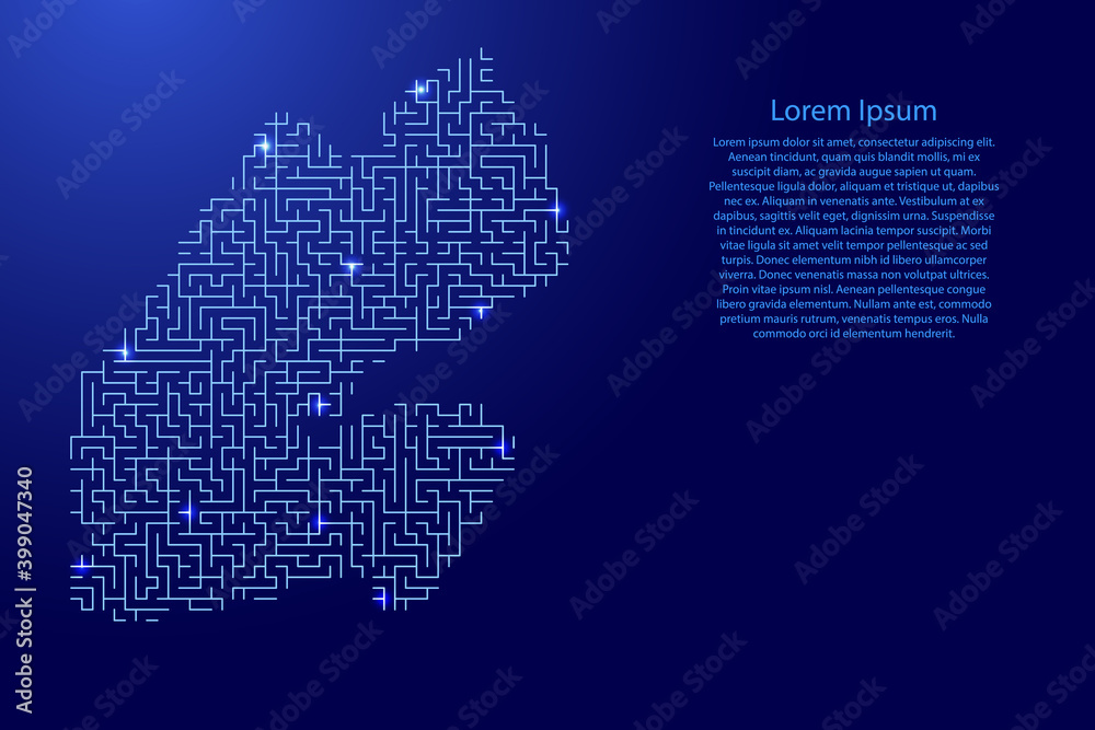 Djibouti map from blue pattern of the maze grid and glowing space stars grid. Vector illustration.