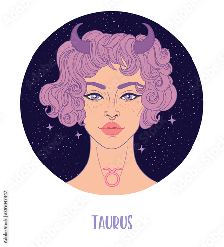 Illustration of Taurus astrological sign as a beautiful girl. Zodiac vector illustration isolated on white. Future telling, horoscope, alchemy, spirituality, occultism, fashion woman.