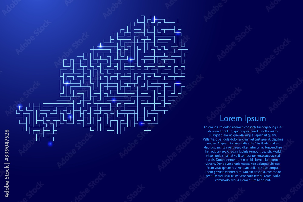 Niger map from blue pattern of the maze grid and glowing space stars grid. Vector illustration.