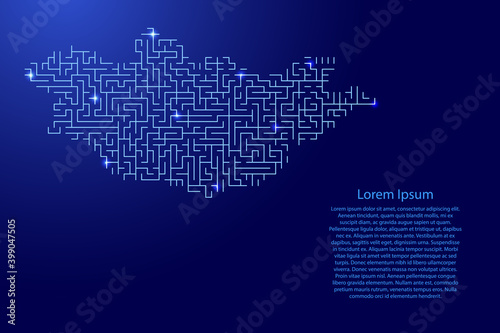 Mongolia map from blue pattern of the maze grid and glowing space stars grid. Vector illustration.