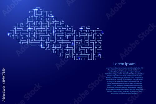 Salvador map from blue pattern of the maze grid and glowing space stars grid. Vector illustration.