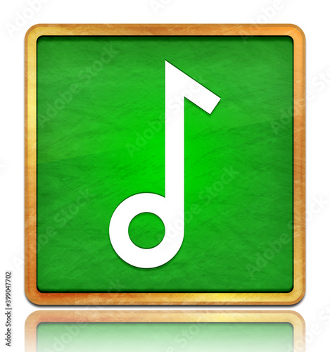 Musical note icon chalk board green square button slate texture wooden frame concept isolated on white background with shadow reflection