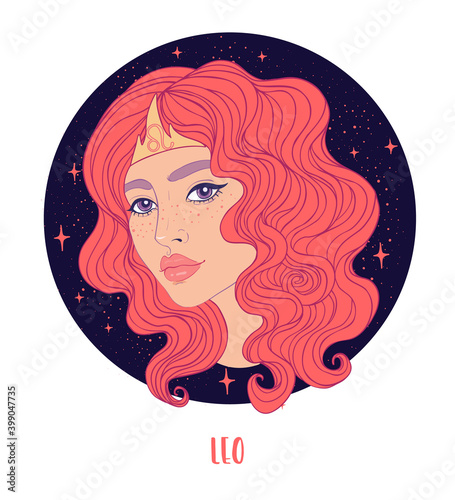 Illustration of Leo astrological sign as a beautiful girl. Zodiac vector illustration isolated on white. Future telling, horoscope, alchemy, spirituality, occultism, fashion woman.