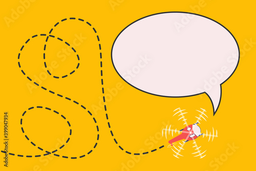 Helicopter. The beginning of the journey and the movement of the dotted line, the concept of travel, excursions, flight. With a text bubble. Vector illustration, template.