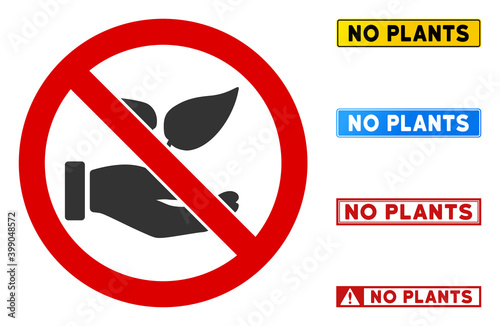 No Flora Offer sign with texts in rectangle frames. Illustration style is a flat iconic symbol inside red crossed circle on a white background. Simple No Flora Offer vector sign, designed for rules,