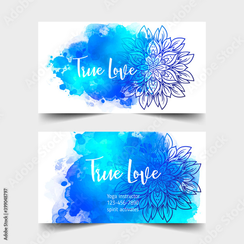 Yoga card design. Colorful template for spiritual retreat or yoga studio. Ornamental business cards, oriental pattern over watercolor painted background. Vector illustration.