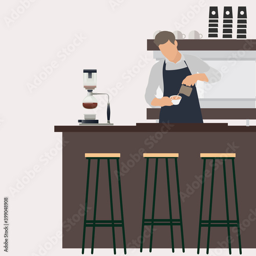 Barista at workplace makes coffee. Vector barista man