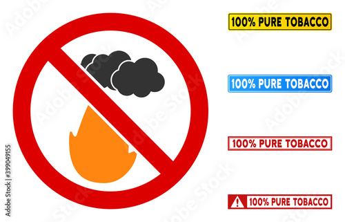 No Smoking Fire sign with captions in rectangle frames. Illustration style is a flat iconic symbol inside red crossed circle on a white background. Simple No Smoking Fire vector sign,