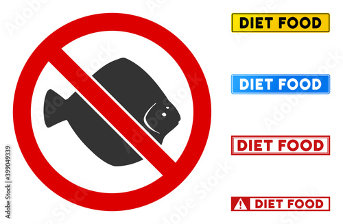 No Flounder Fish sign with captions in rectangle frames. Illustration style is a flat iconic symbol inside red crossed circle on a white background. Simple No Flounder Fish vector sign,