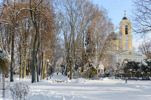 Peter and Paul Cathedral in winter. Gomel park in winter. Gomel. Belarus
