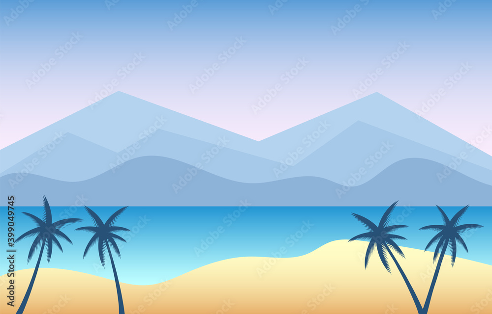 Tropical sea landscape of blue ocean and palm trees