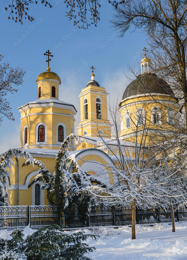 Peter and Paul Cathedral in winter. Gomel park in winter. Gomel. Belarus