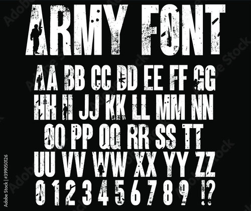 Army font vector. Silhouettes of soldiers on the background distressed letters and numbers.