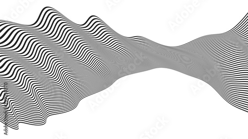 Optical art. Waves twisted from stripes, abstract, 3D. Monochrome black lines. Poster. Banner. Vector illustration background.