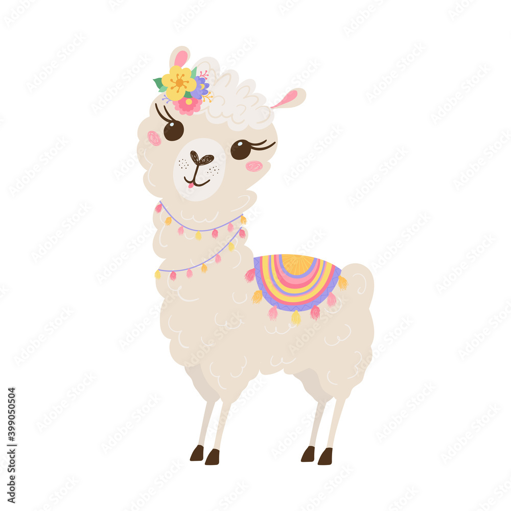 Vettoriale Stock Cute lama with a wreath of flowers in pastel colors  isolated on white background . Funny baby animal. Alpaca for your child's  room design. Vector illustration | Adobe Stock