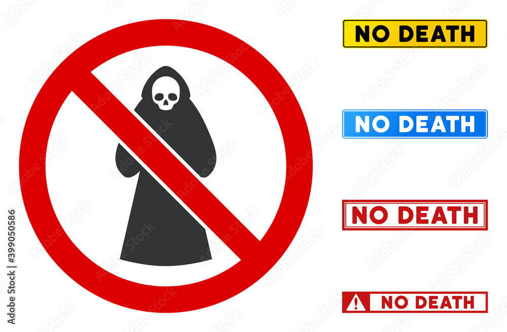 No Death sign with words in rectangle frames. Illustration style is a ...